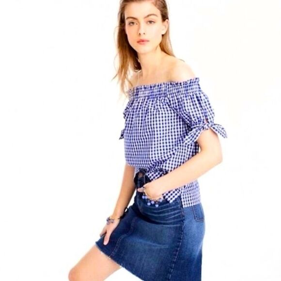 J. Crew blue and white gingham, off the shoulder blouse. - Picture 1 of 4